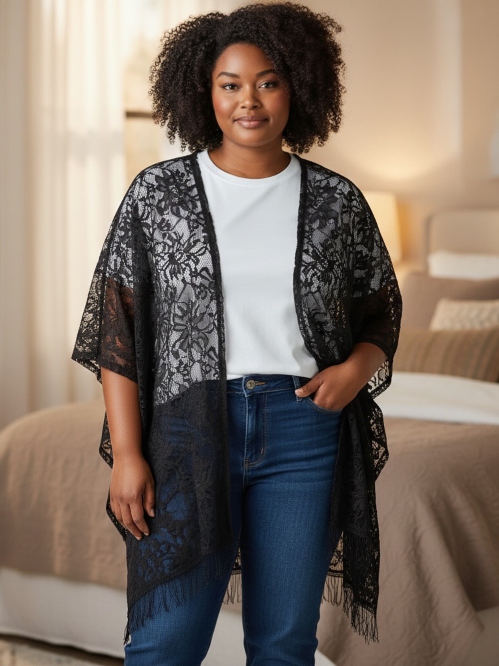 Black Lace Open-Front Kimono Shrug One Size Plus